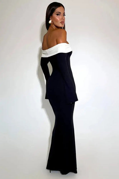 Off-Shoulder Long Sleeve Backless Maxi Dress
