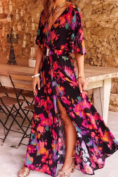 Deep V-Neck Half Sleeve Maxi Dress