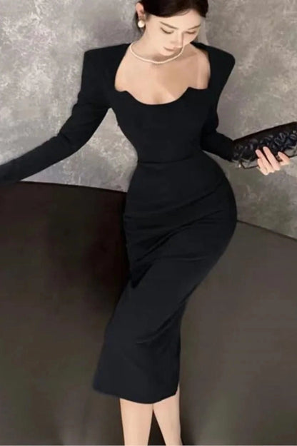 Long Sleeve Wrap Hip Midi Dress