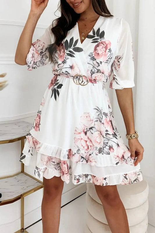 Printed V Neck Mini Dress