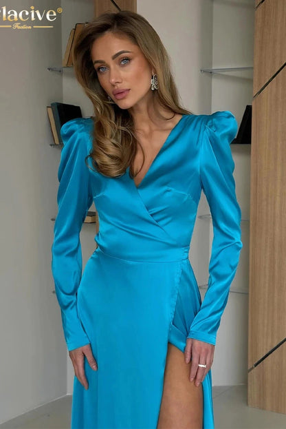 V-Neck Long Sleeve Midi Dress