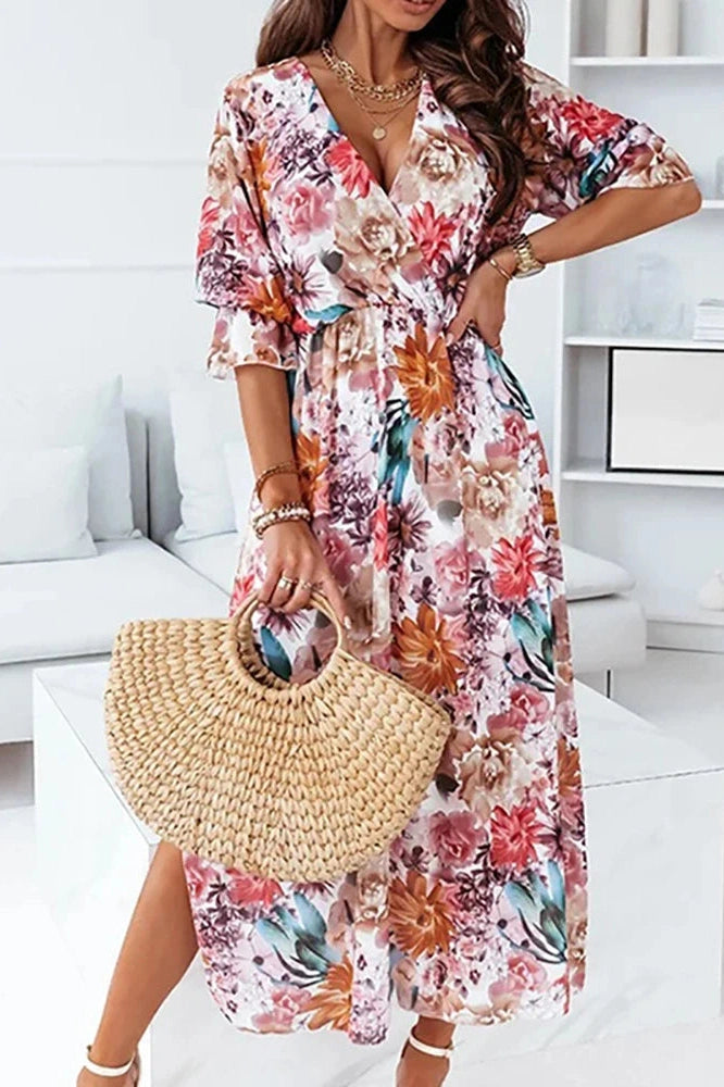 Printed V-Neck Short Sleeve Midi Dress