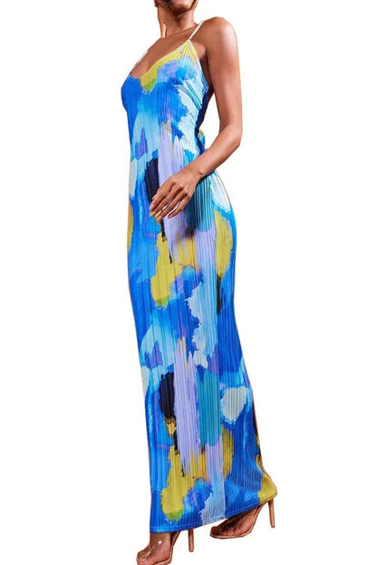 Printed V-Neck Spaghetti Strap Maxi Dress