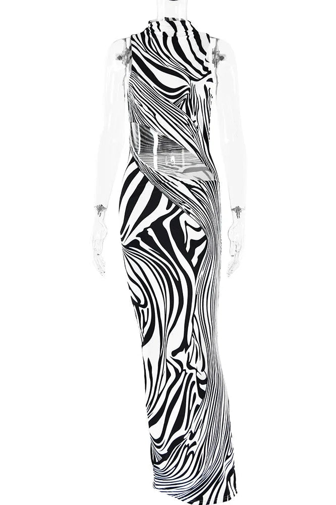 Elegant Sleeveless Zebra Stripes Maxi Dress