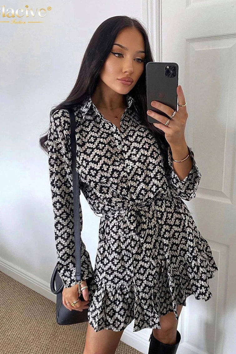 Print Long Sleeve Mini Dress