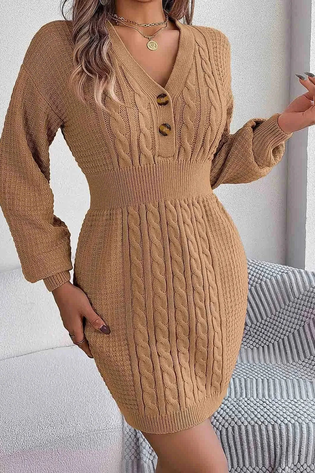 V Neck Button Knit Mini Dress