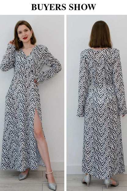 V-Neck Print Elegant Midi Dress