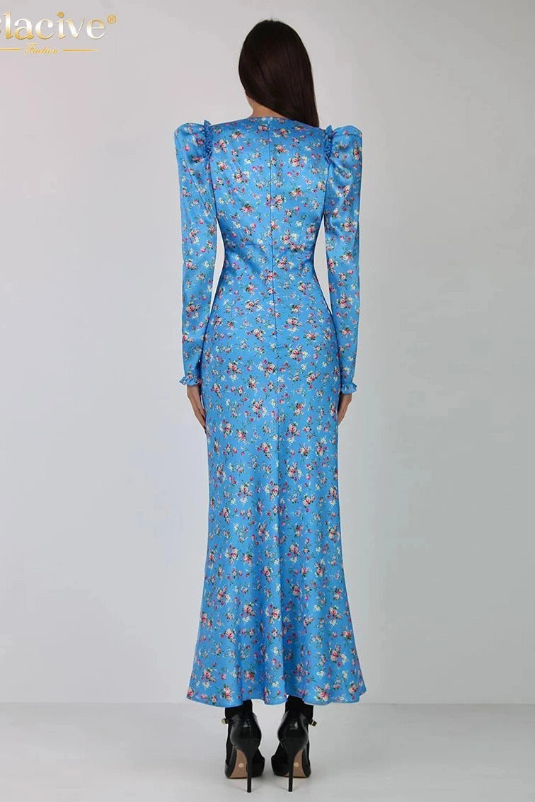 Print V-Neck Long Sleeve Maxi Dress