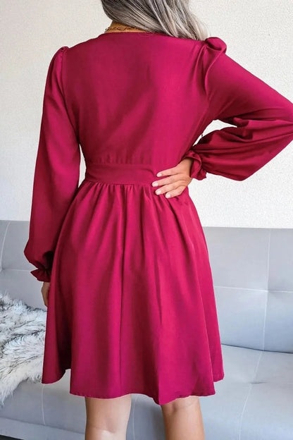 V-Neck Long Sleeves Pleated Short Dress