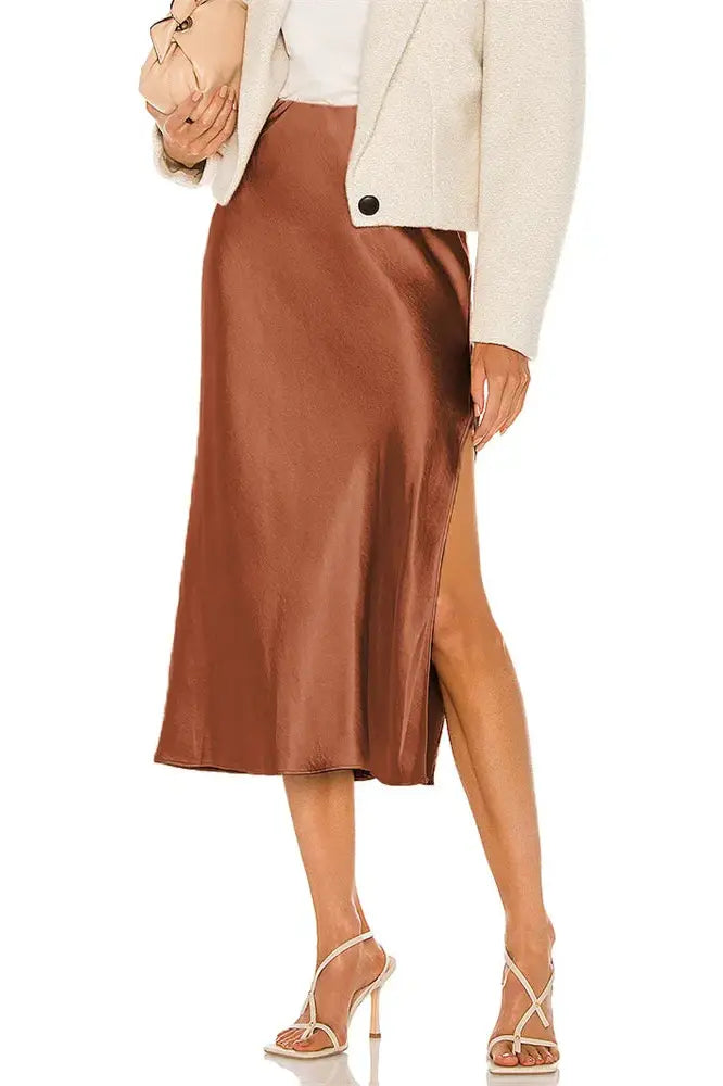 High Waist Satin Patchwork Midi Skirt