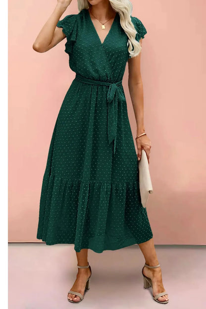 V-Neck Belted A-Line Pleated Maxi Dress