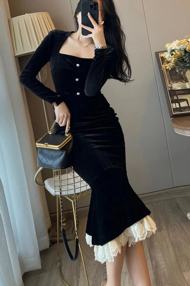 Elegant Velvet Bodycon Midi Dress