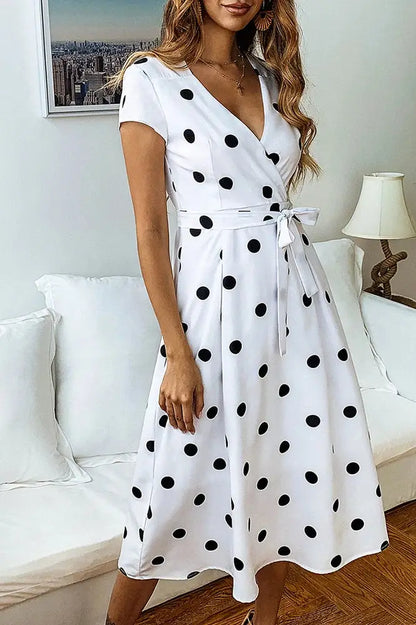 Polka Dot Printed Short Sleeve V Neck Maxi Dress