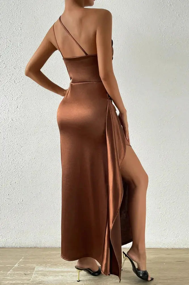 Satin Oblique Shoulder High Split Maxi Dress