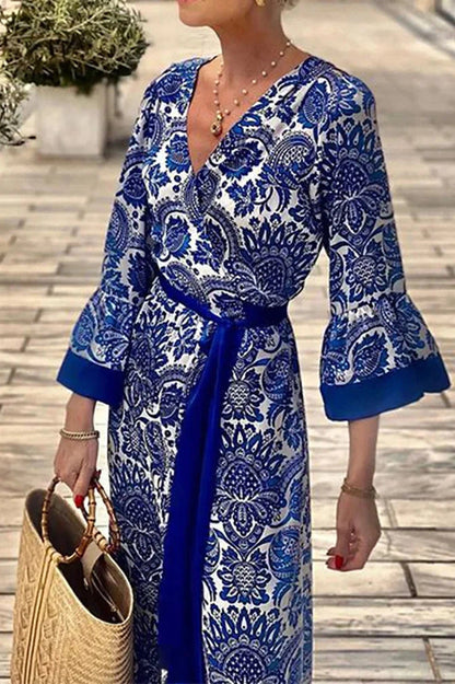 Long Sleeve V-Neck Printed Maxi Dress