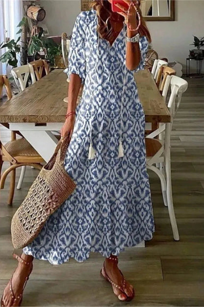 Floral Print Loose V-Neck Maxi Dress