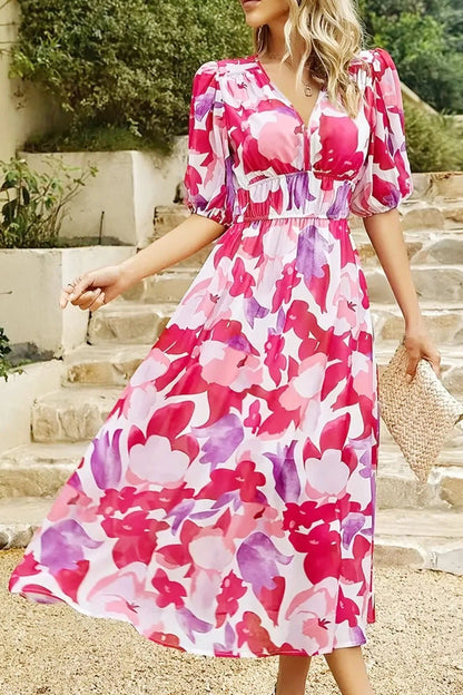 Floral Print Deep V-Neck Midi Dress