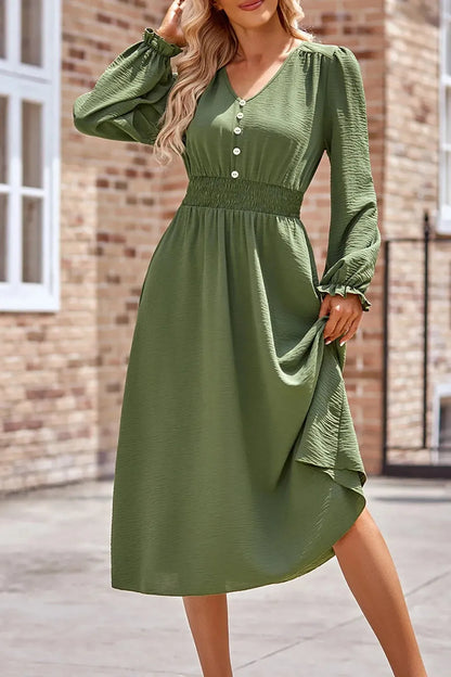 Long Sleeve V Neck Button Midi Dress