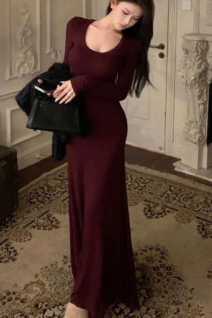 U-Neck Long Sleeve Maxi Dress