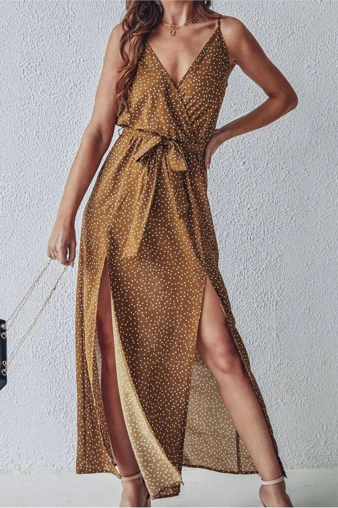 Deep V-Neck Backless Printed Maxi Dress