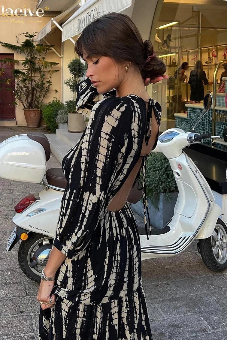 Print V-Neck Long Sleeve Maxi Dress