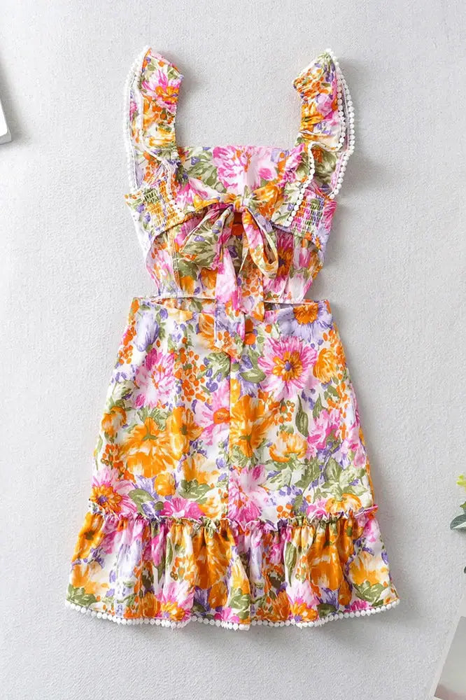 Square Neck Sleeveless Ruffle Hem Floral Print Mini Dress