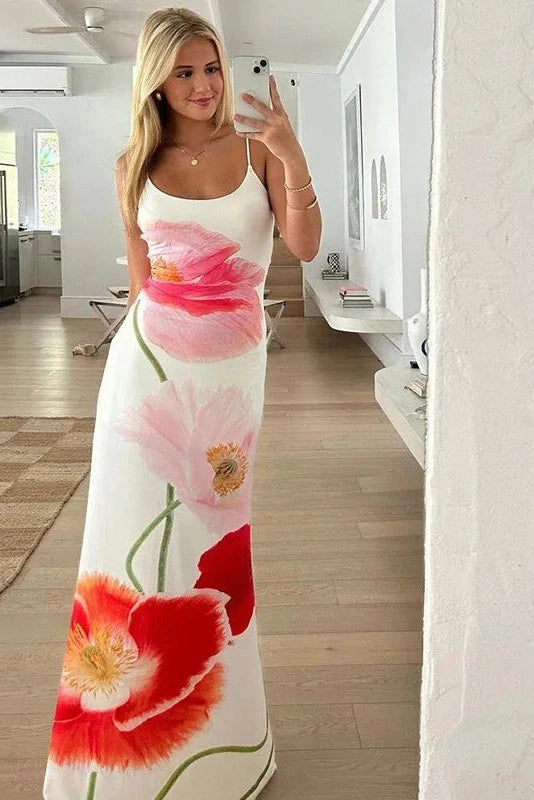 Backless Printed Spaghetti Strap Maxi Dress