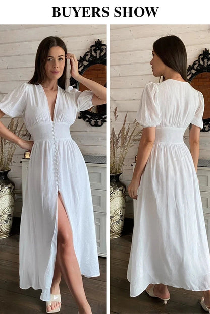 Elegant Short Sleeve V-Neck Maxi Dress