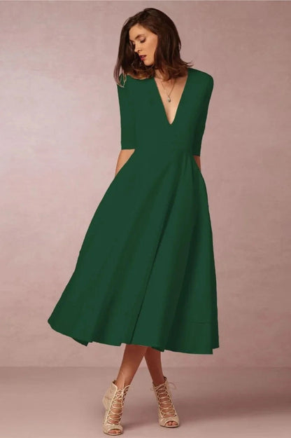 Elegant Deep V-Neck Midi Dress