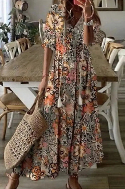 Floral Print Loose V-Neck Maxi Dress