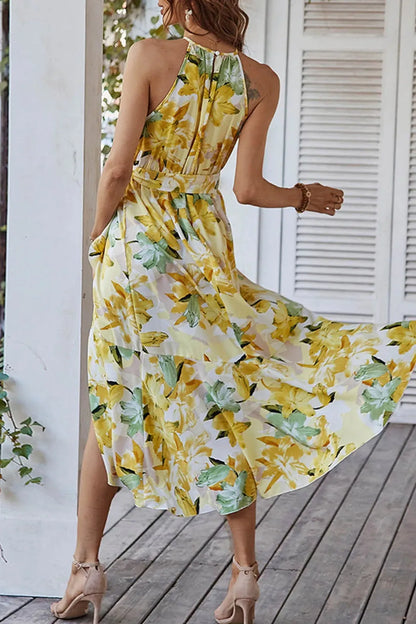 Sleeveless Halter Floral Print Maxi Dress