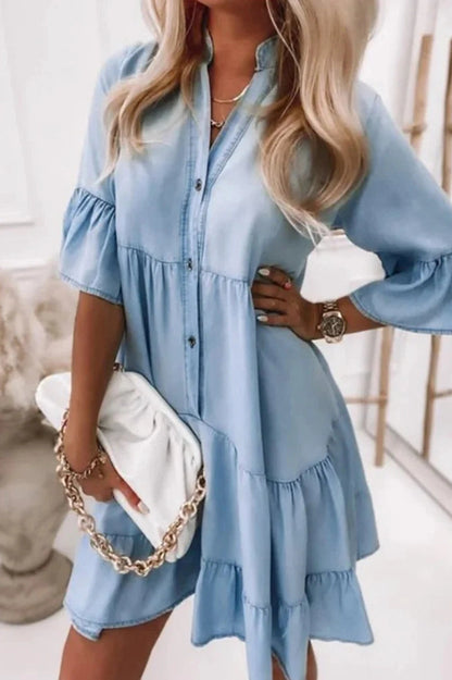 Elegant Short Sleeve V-Neck Midi Dress