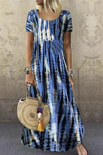 Printed O-Neck Short Sleeve Maxi Dress