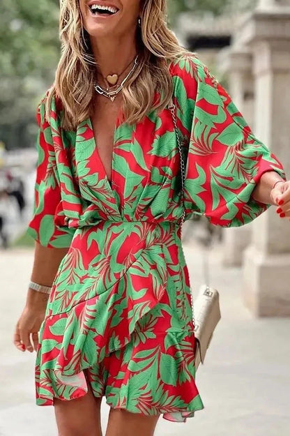 Elegant V-Neck Printed Mini Dress