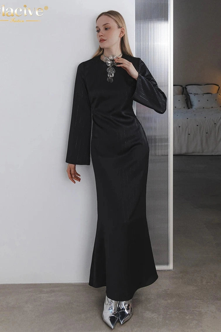 Elegant O-Neck Long Sleeve Maxi Dress