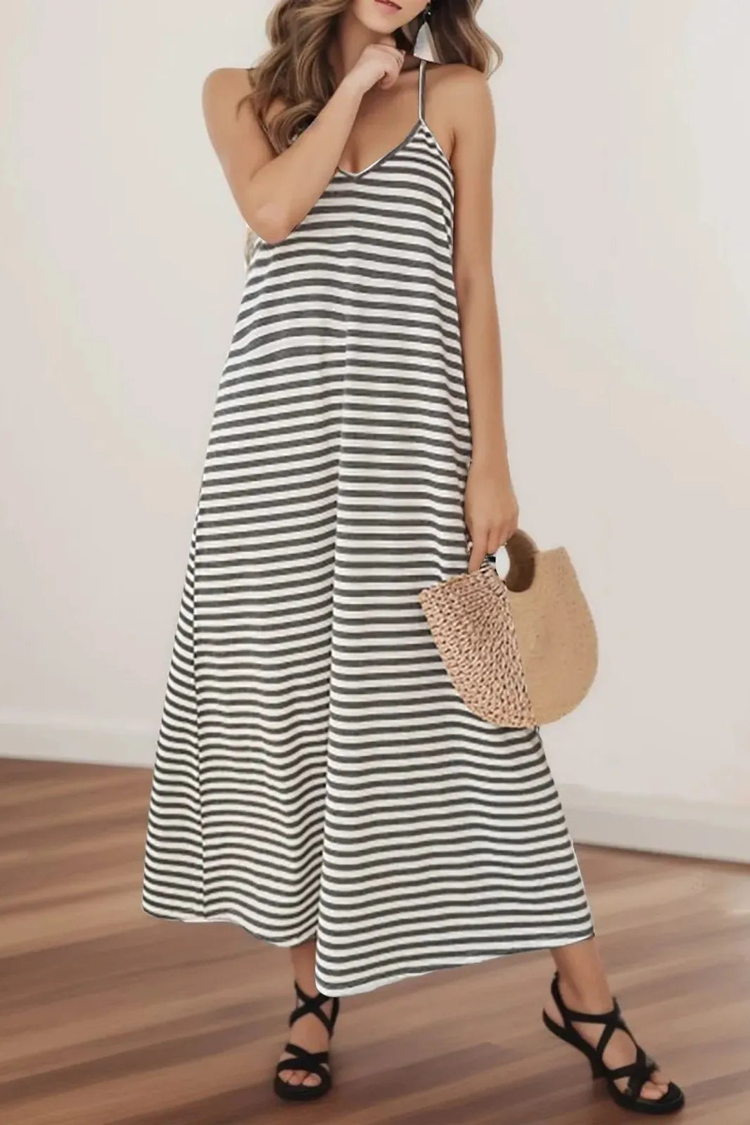 Striped Sleeveless Suspender Maxi Dress