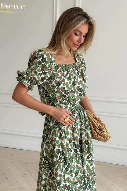 Square Collar Short Sleeve Maxi Dress