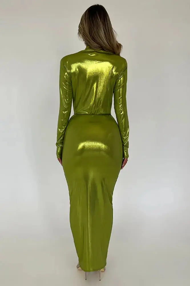 New Deep V Neck Shiny Ruched Long Sleeve Maxi Dress