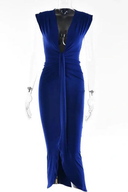 Deep V-neck Pleated Side Split Maxi Dress