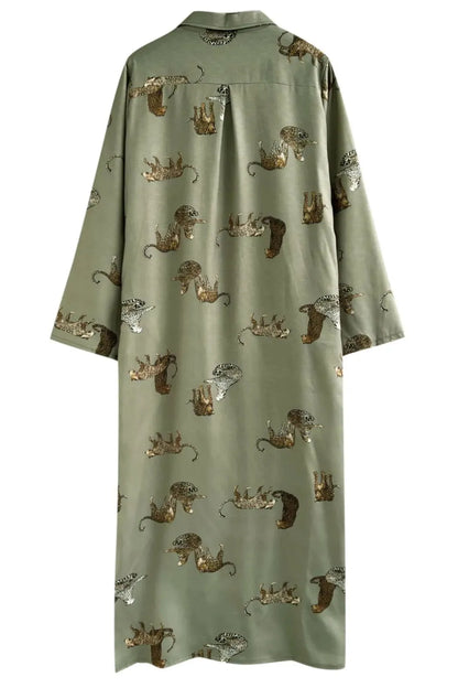 Elegant Printed V Neck Long Sleeve Maxi Dress