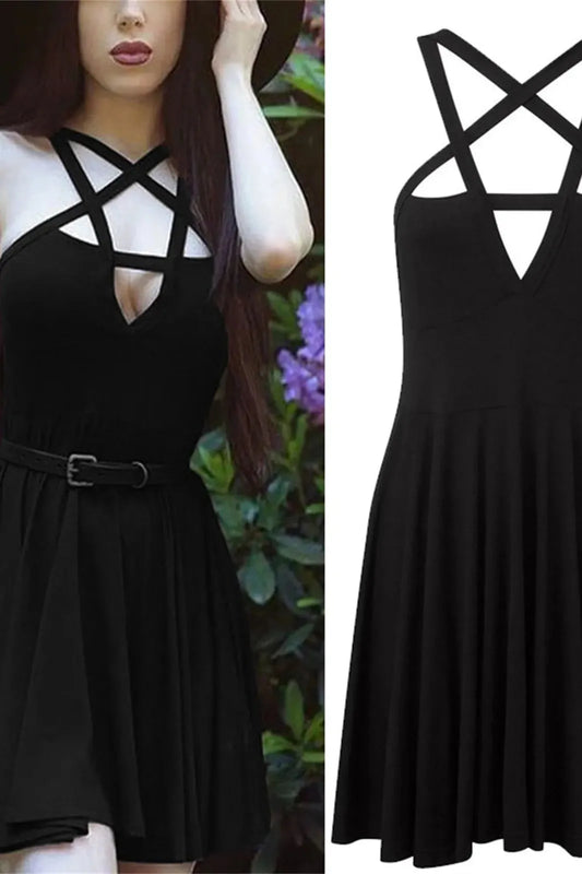 Gothic Style Cross Strap Wrap Short Dress