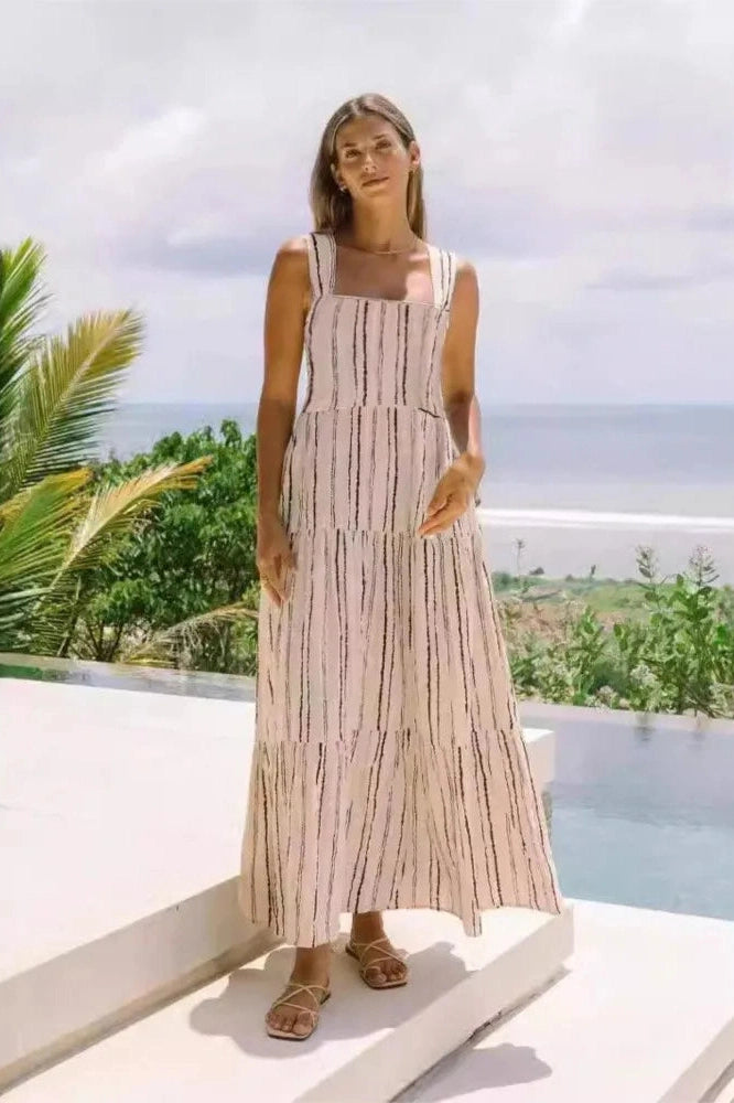 Printed Backless Lace-Up Maxi Dress