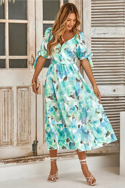 Floral Printed Puff Sleeve Lace Up Maxi Dress