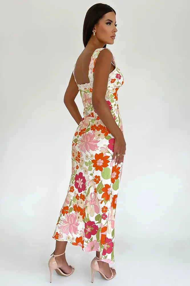 Floral Printed V Neck Backless Maxi Dress