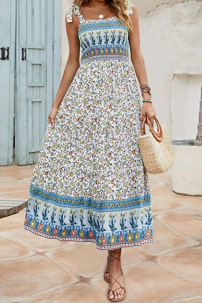 Floral Print Tie Straps Maxi Dress