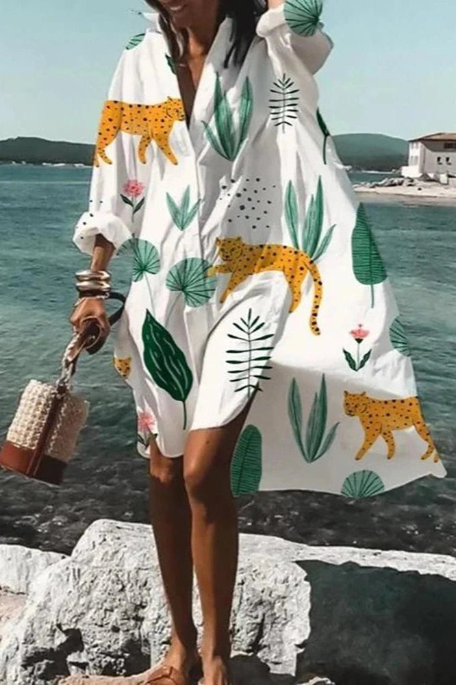 Elegant Floral Printed Long Sleeve Midi Dress