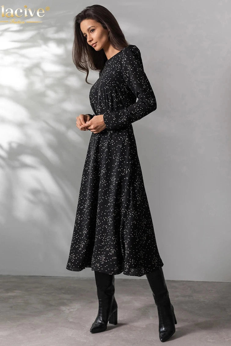 Printed O-Neck Long Sleeve Midi Dress