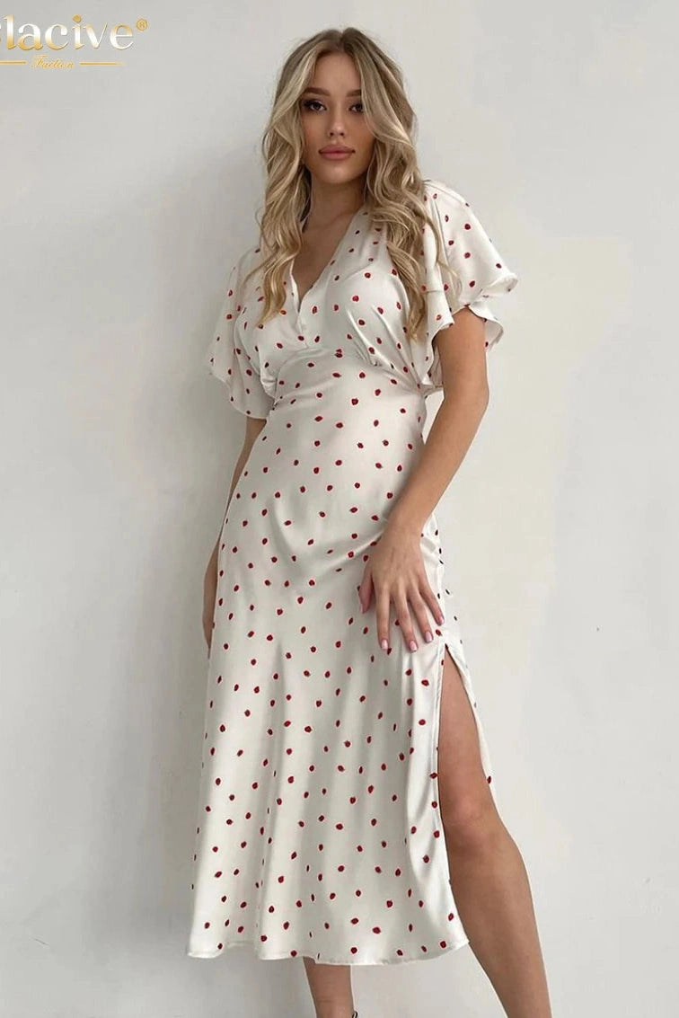 Print V-Neck Short Sleeve Midi Dress