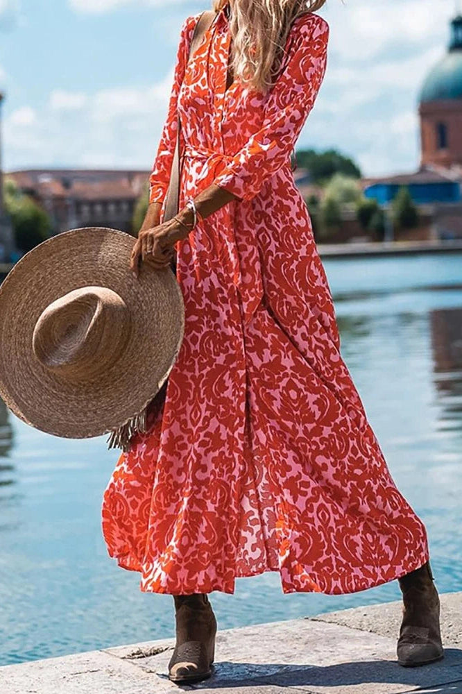 Elegant Long Sleeve Printed Maxi Dress