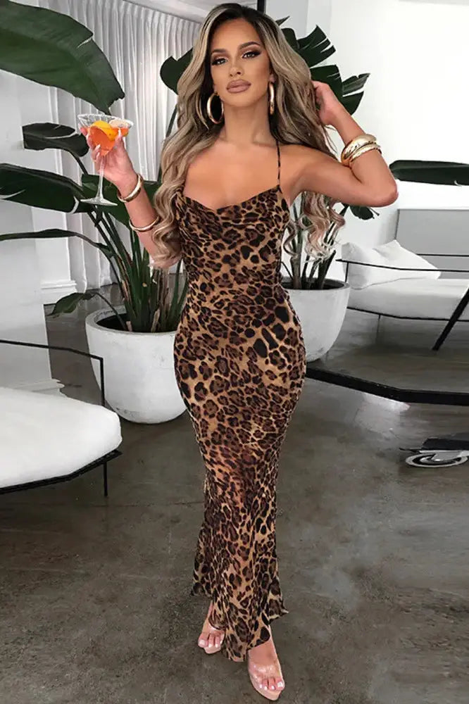 Leopard Print Spaghetti Strap Sleeveless Maxi Dress
